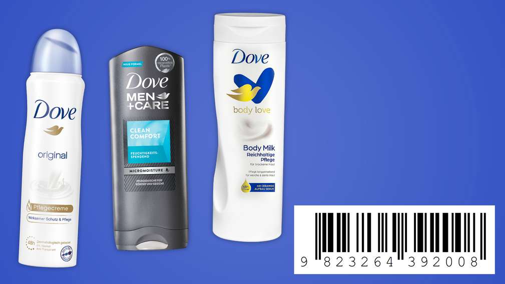 versch. Dove-Produkte; unten rechts: Rabattcode zum Abscannen versch. Dove-Produkte; unten rechts: Rabattcode zum Abscannen