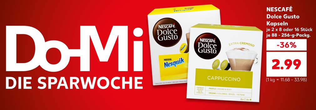 Produktabbildung: versch. Sorten NESCAFÉ Dolce Gusto Kapseln je 2 x 8 oder 16 Stück je 88 - 256-g-Packg., -36 %, 2.99 Euro (1 kg = 11.68 - 33.98 Euro); Schriftzug links daneben: Do-Mi – die Sparwoche