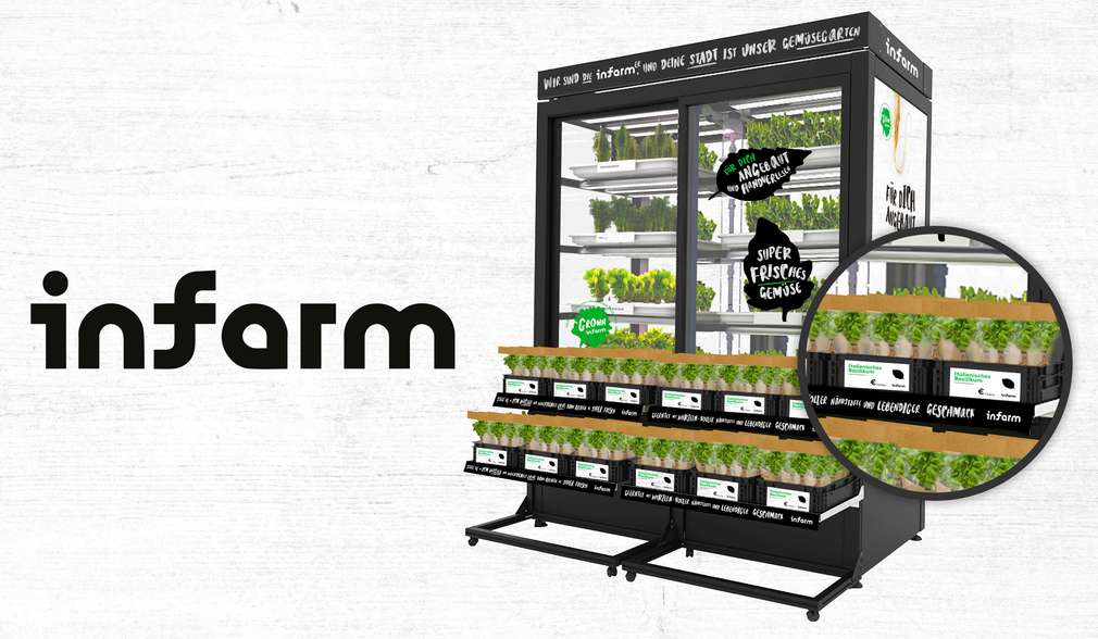 Logo: Infarm; Gewächshaus, in dem Kräuter direkt im Markt wachsen Logo: Infarm; Gewächshaus, in dem Kräuter direkt im Markt wachsen