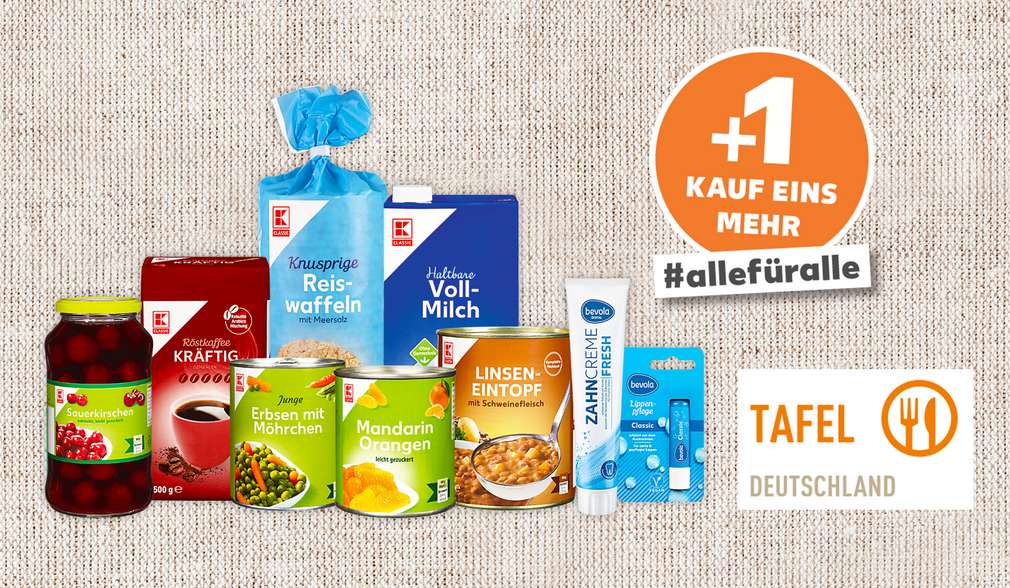 Produkte der Kaufland-Eigenmarken, Tafel-Logo; #allefüralle Produkte der Kaufland-Eigenmarken, Tafel-Logo; #allefüralle