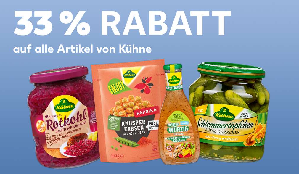 versch. Produkte von Kühne; Schriftzug: 33 % Rabatt auf alle Artikel von Kühne versch. Produkte von Kühne; Schriftzug: 33 % Rabatt auf alle Artikel von Kühne