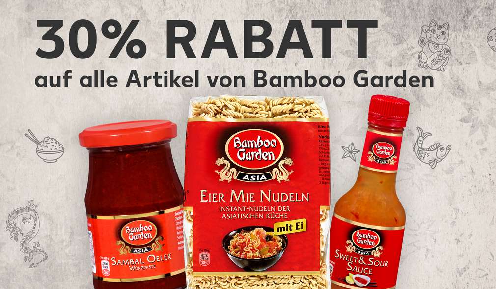 versch. Produkte von Bamboo Garden; Schriftzug: 30 % Rabatt auf alle Artikel von Bamboo Garden versch. Produkte von Bamboo Garden; Schriftzug: 30 % Rabatt auf alle Artikel von Bamboo Garden