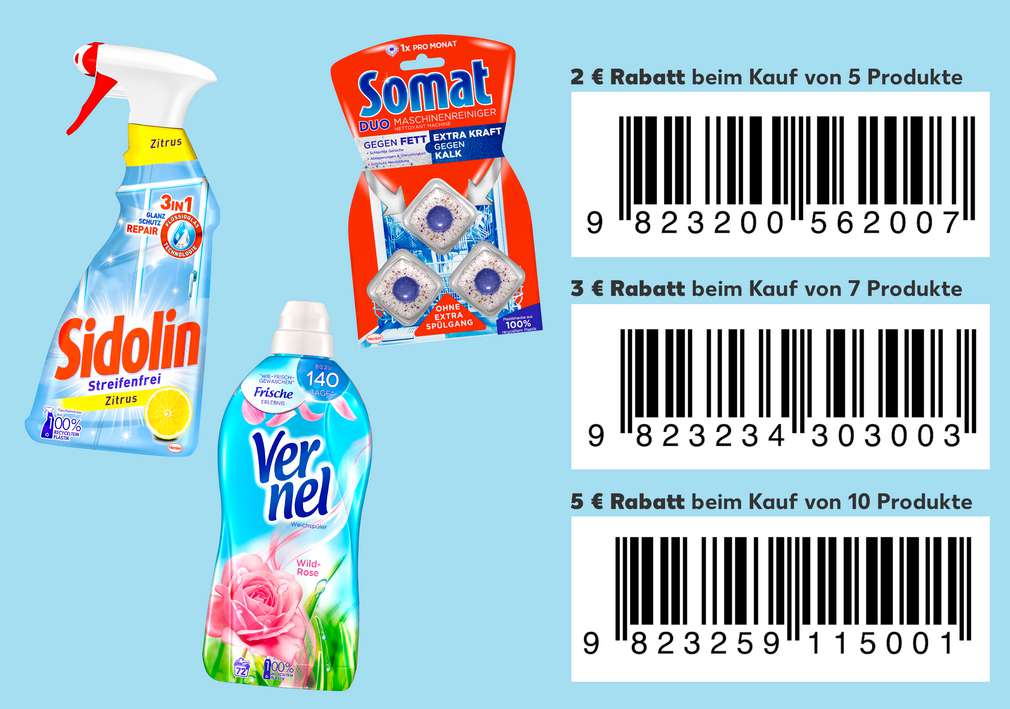 je ein Produkt von Sidolin, Somat und Vernel; drei Codes zum Abscannen je ein Produkt von Sidolin, Somat und Vernel; drei Codes zum Abscannen, oben: 2 Euro Rabatt beim Kauf von 5 Produkten; mitte: 3 Euro Rabatt beim Kauf von 7 Produkten; unten: 5 Euro Rabatt beim Kauf von 10 Produkten