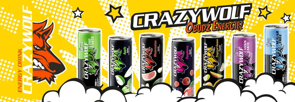 Logo Crazy Wolf ze zdjęciami różnych smaków Crazy Wolf