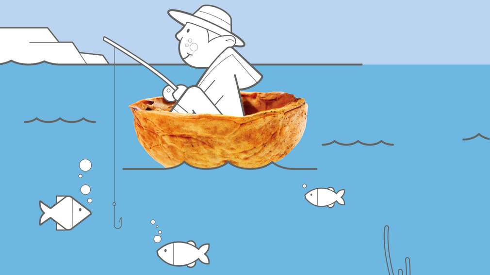 Wir setzen uns für saubere Meere und umweltschonende Fischerei ein Illustration: Mann sitzt in Nussschale auf Meer und fischt