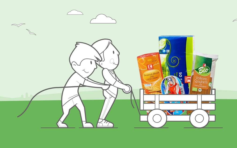 Wir übernehmen Verantwortung Illustration: Zwei Männer ziehen einen Wagen mit Kaufland-Produkten