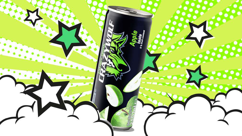 Spróbuj naszego napoju energetyzującego Crazy Wolf o smaku jabłkowym! Zdjęcie puszki Crazy Wolf o smaku jabłkowym