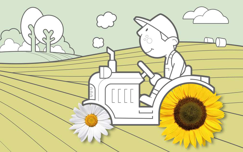 Bio und Fairtrade liegen uns am Herzen Bauer fährt auf Traktor über ein Feld (Illustration)