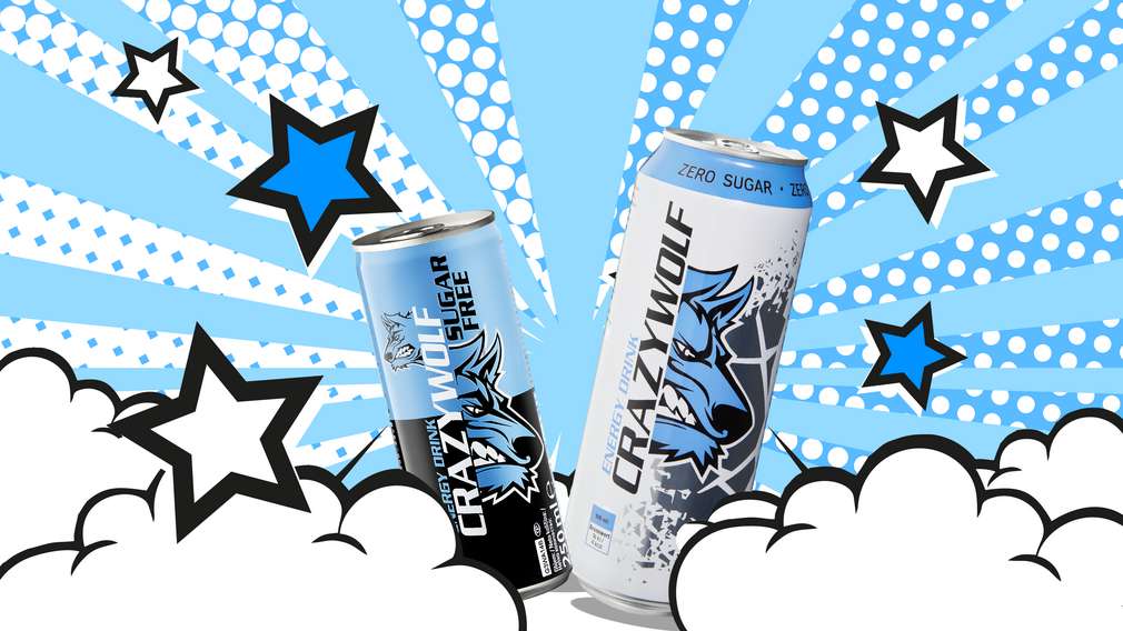 Nabi sa energiou s príchuťami "Classic bez cukru" a "Ženšen & Guarana Zero" Vyobrazenie dvoch nápojov Crazy Wolf bez cukru – „Classic bez cukru“ a „Ženšen & Guarana Zero“
