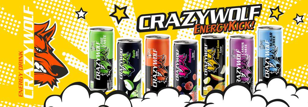 Logo Crazy Wolf s vyobrazením rôznych príchutí nápojov Crazy Wolf