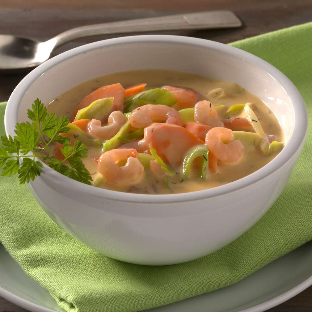 Abbildung des Rezepts Cremesuppe mit Shrimps und Gemüse Abbildung des Rezepts Cremesuppe mit Shrimps und Gemüse