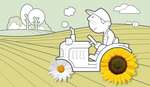 Bio und Fairtrade liegen uns am Herzen Bauer fährt auf Traktor über ein Feld (Illustration)