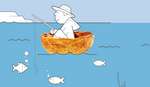 Wir setzen uns für saubere Meere und umweltschonende Fischerei ein Illustration: Mann sitzt in Nussschale auf Meer und fischt