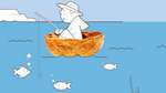 Wir setzen uns für saubere Meere und umweltschonende Fischerei ein Illustration: Mann sitzt in Nussschale auf Meer und fischt