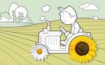 Bio und Fairtrade liegen uns am Herzen Bauer fährt auf Traktor über ein Feld (Illustration)