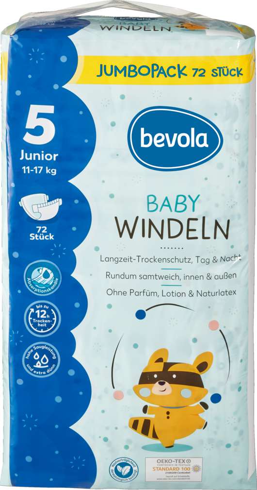Abbildung des Sortimentsartikels Bevola Babywindel Jumbo Junior Größe 5, 72 Stück