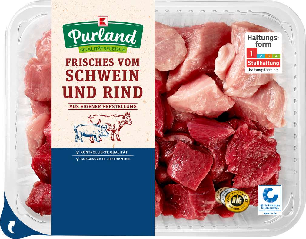 Abbildung des Sortimentsartikels K-Purland Gulasch gemischt Schwein/Rind 1kg