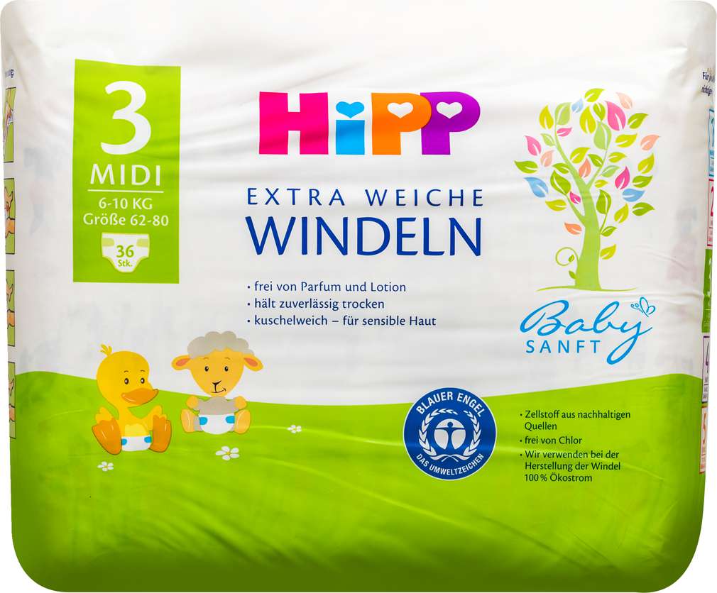 Abbildung des Sortimentsartikels Hipp Babysanft Windeln Größe 3, Midi 6-10kg 36 Stück