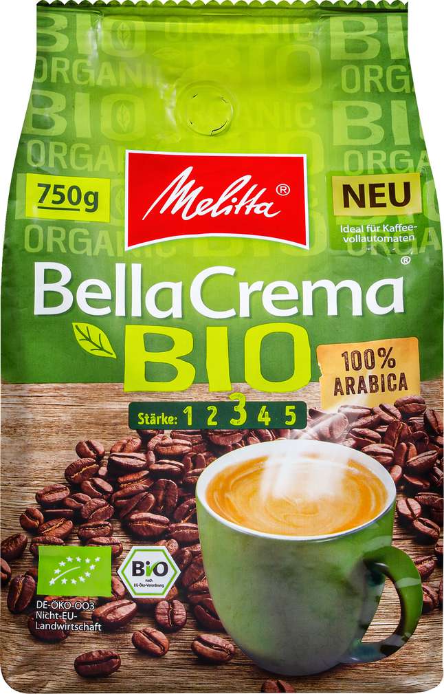 Abbildung des Sortimentsartikels Melitta Bio Bella Crema ganze Bohnen 750g