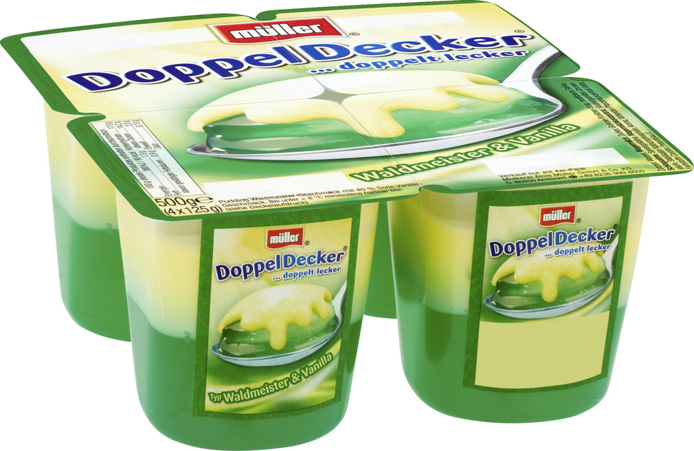 Abbildung des Sortimentsartikels Müller Doppeldecker Waldmeister 4x125g