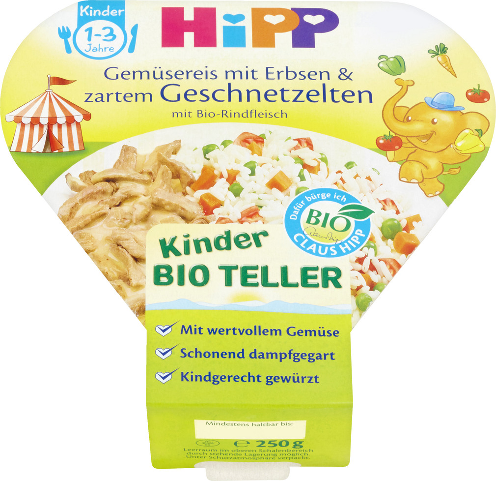 Abbildung des Sortimentsartikels Hipp Kinder Bio Teller Gemüsereis mit Erbsen&Geschnetzeltem 250g