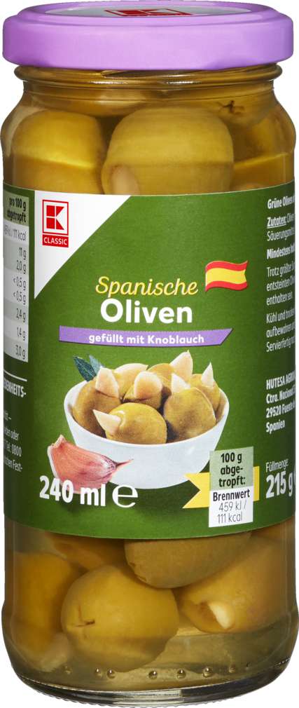 Abbildung des Sortimentsartikels K-Classic Oliven Manzanilla grün mit Knoblauch 215ml