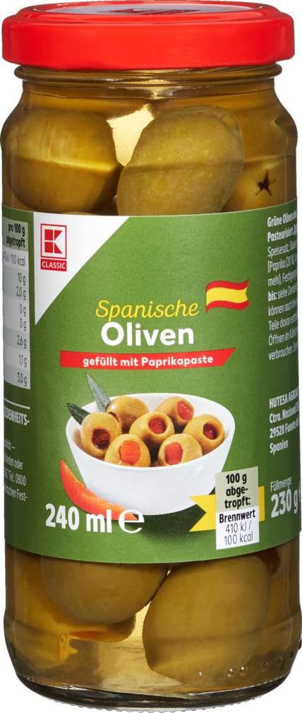 Abbildung des Sortimentsartikels K-Classic Grüne Oliven gefüllt mit Paprikapaste 240ml