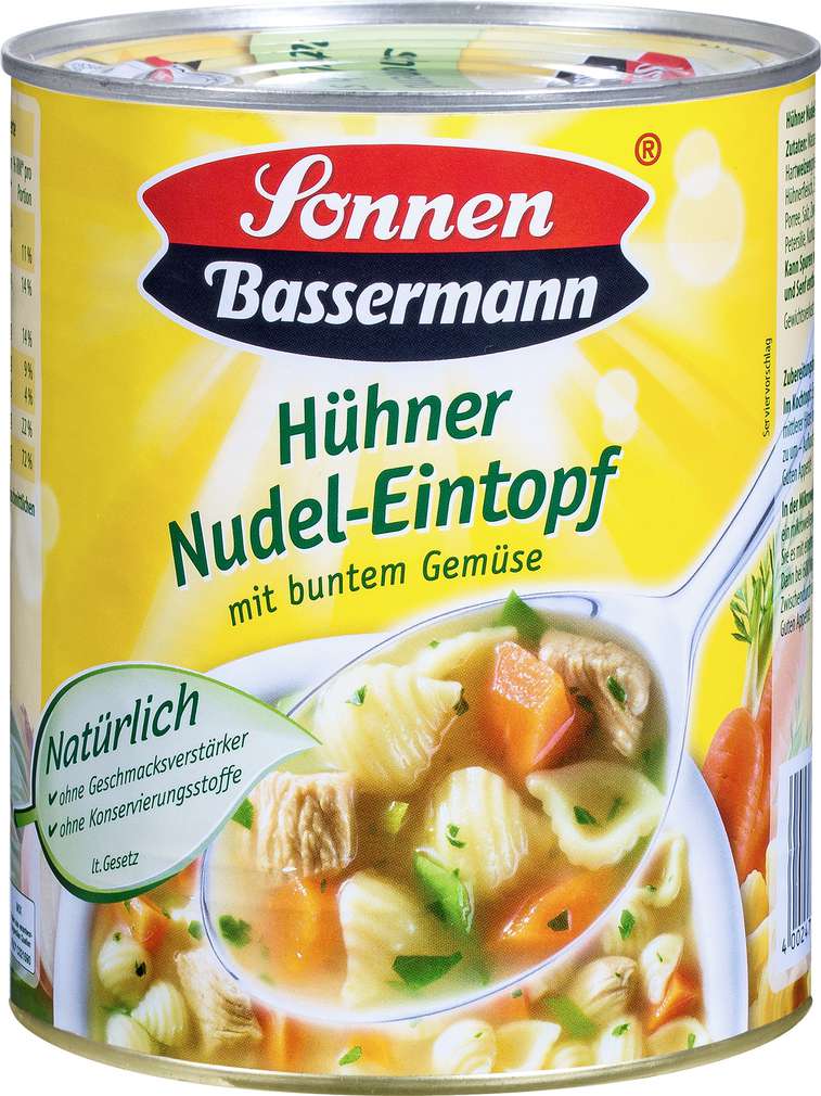 Abbildung des Sortimentsartikels Sonnen Bassermann Hühner Nudel Topf mit buntem Gemüse 800g