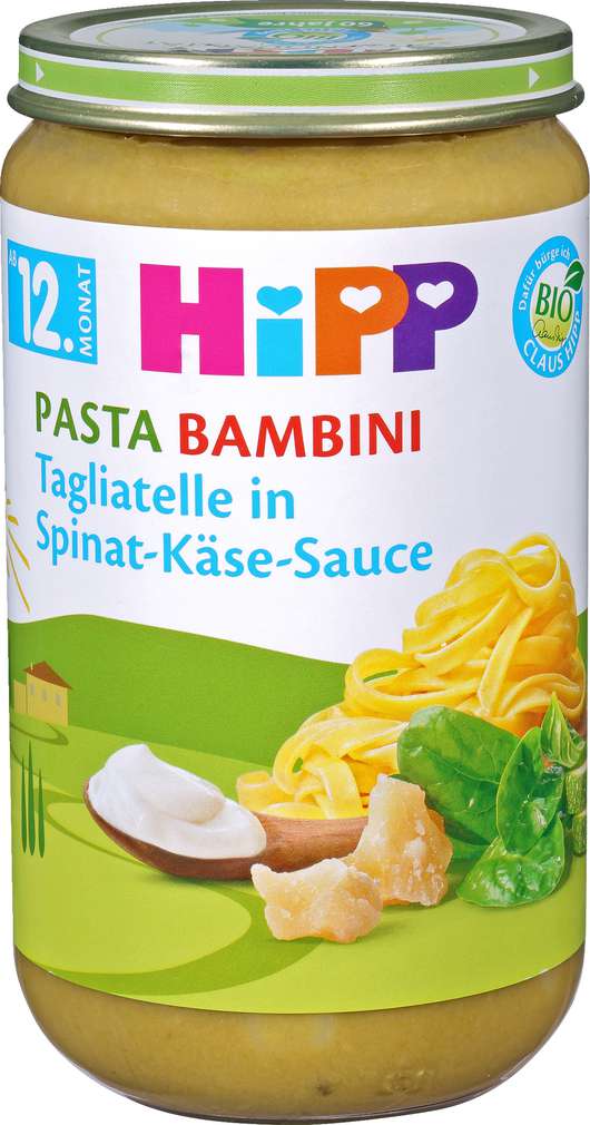 Abbildung des Sortimentsartikels Hipp Pasta Bambini Tagliatelle in Spinat-Käse-Sauce 250g