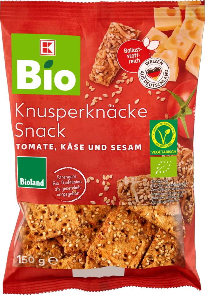 Abbildung des Sortimentsartikels K-Bio Bioland Knusperknäcke Snack Tomate, Käse und Sesam 150g