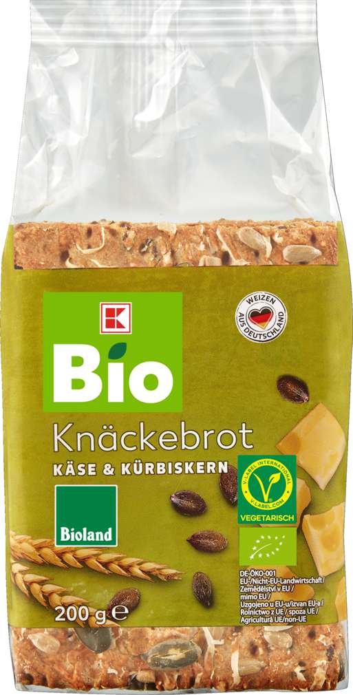 Abbildung des Sortimentsartikels K-Bio Bioland Knäckebrot Käse und Kürbiskern 200g