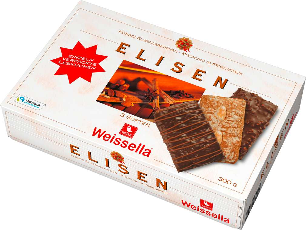 Abbildung des Sortimentsartikels Weiss Weissella Elisen Oblatenlebkuchen 3-Fach sortiert 300g