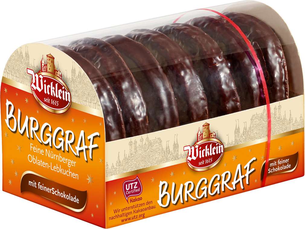 Abbildung des Sortimentsartikels Wicklein Burggraf Oblatenlebkuchen schokoliert 200g