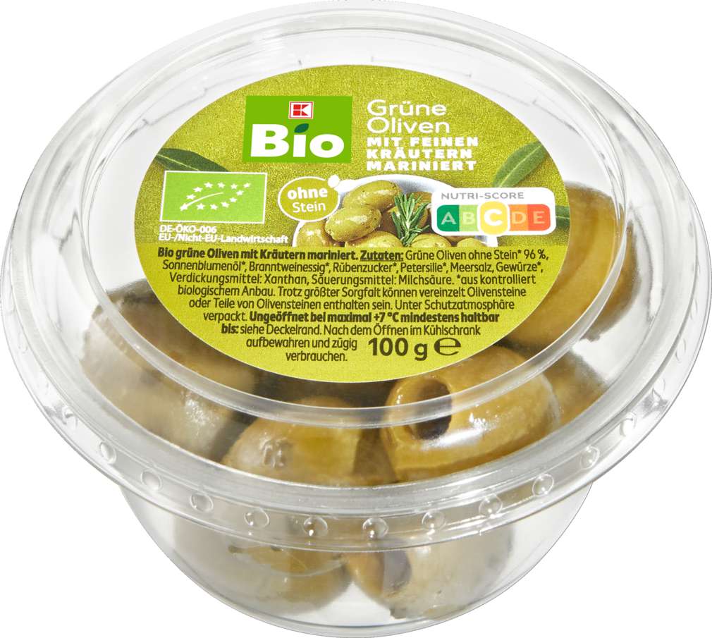 Abbildung des Sortimentsartikels K-Bio Grüne Oliven mariniert 100g