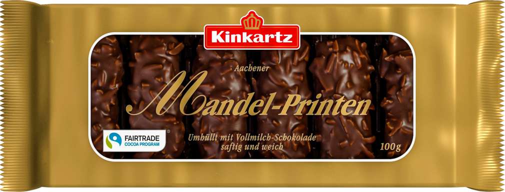 Abbildung des Sortimentsartikels Kinkartz Mandel-Printen umhüllt mit Vollmilch-Schokolade 100g