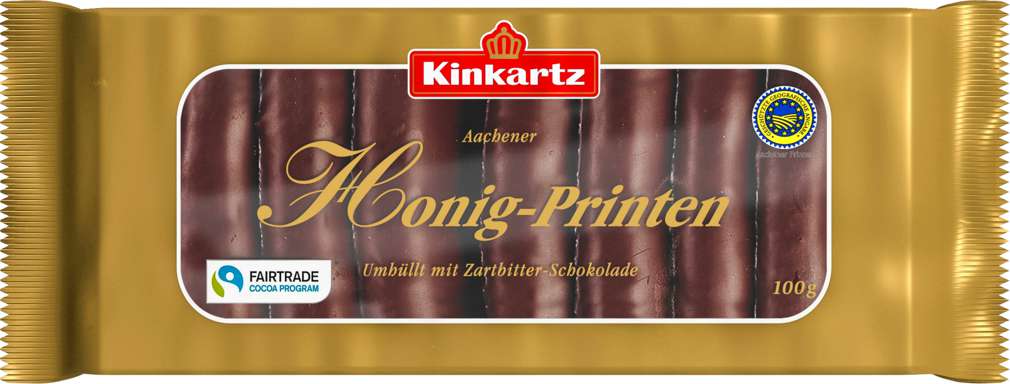 Abbildung des Sortimentsartikels Kinkartz Honig-Printen umhüllt mit Zartbitter-Schokolade 100g