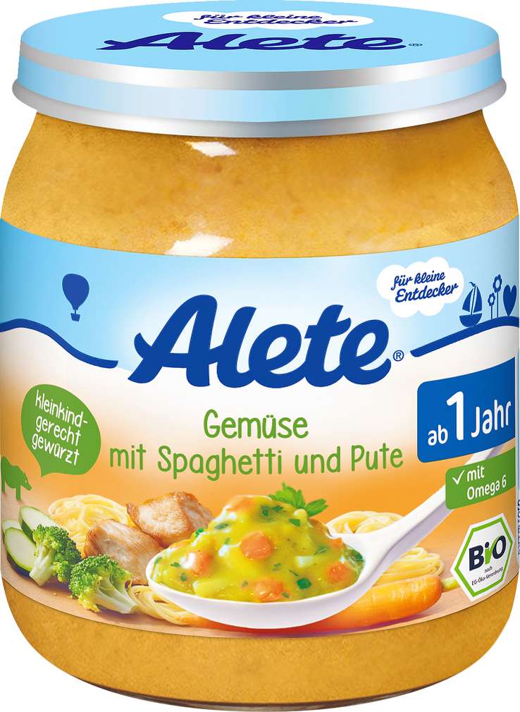 Abbildung des Sortimentsartikels Alete Kleine Entdecker Gemüse mit Spaghetti & Pute 250g
