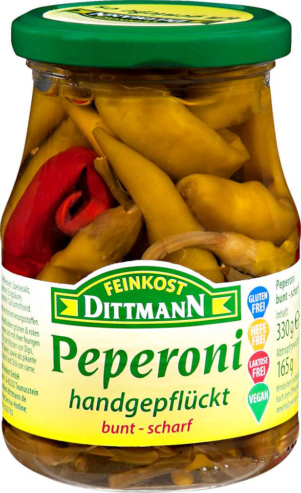 Abbildung des Sortimentsartikels Feinkost Dittmann Peperoni hangepflückt, bunt-scharf 330g