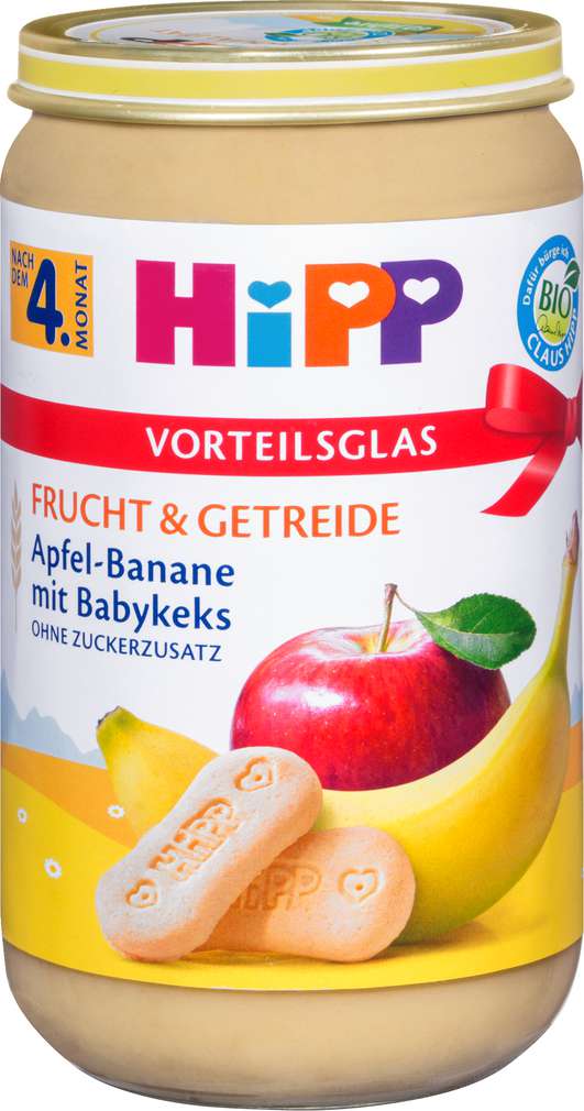 Abbildung des Sortimentsartikels Hipp Frucht & Getreide Apfel-Banane mit Babykeks 250g