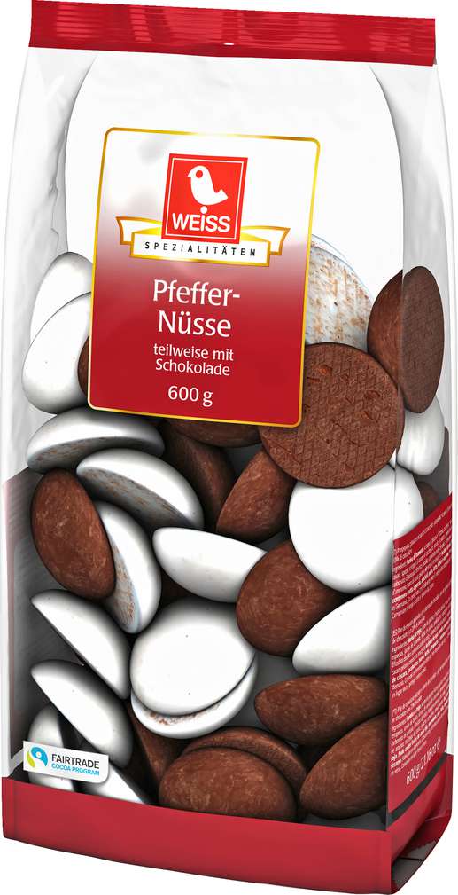 Abbildung des Sortimentsartikels Weiss Pfeffer-Nüsse teilweise mit Schokolade 600g