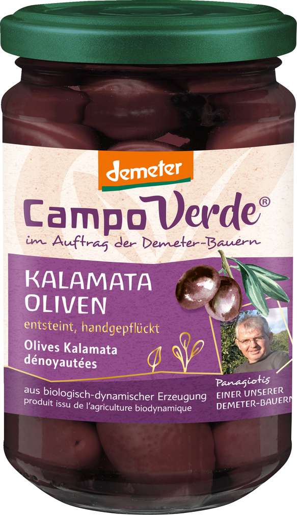 Abbildung des Sortimentsartikels Campo Verde Demeter Kalamata Oliven ohne Stein 315g