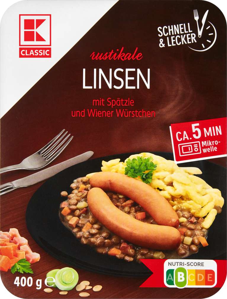 Linsen mit Spätzle und Wiener Würstchen 400g für 2,99€ von