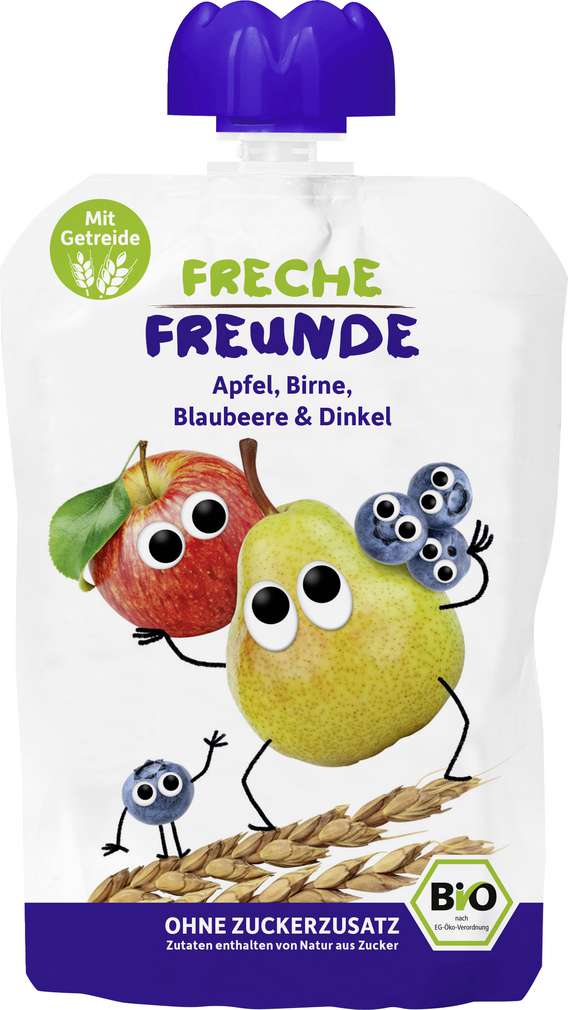 Abbildung des Sortimentsartikels Erdbär Freche Freunde Quetschbeutel Apfel/Birne/Blaubeere 100g