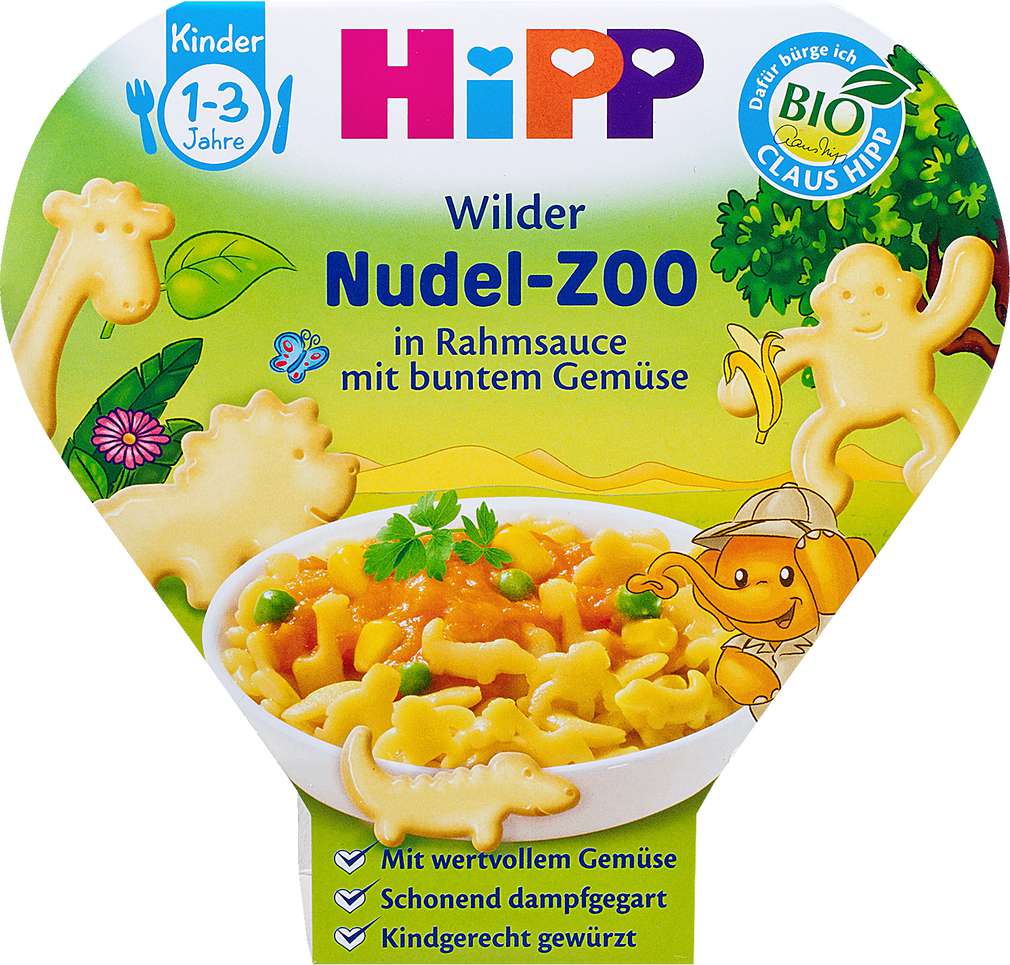 Abbildung des Sortimentsartikels Hipp Nudeln-Zoo in Rahm-Sauce mit buntem Gemüse 250g