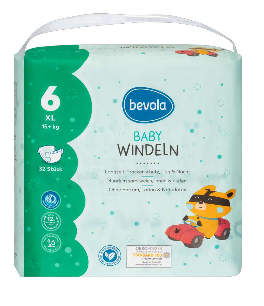 Abbildung des Sortimentsartikels Bevola Babywindel XL Gr. 6, 32 Stück