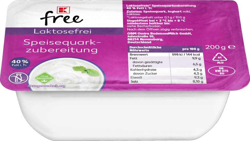 Abbildung des Sortimentsartikels K-Free Laktosefrei Speisequark-Zubereitung 40% Fett i. Tr. 200g