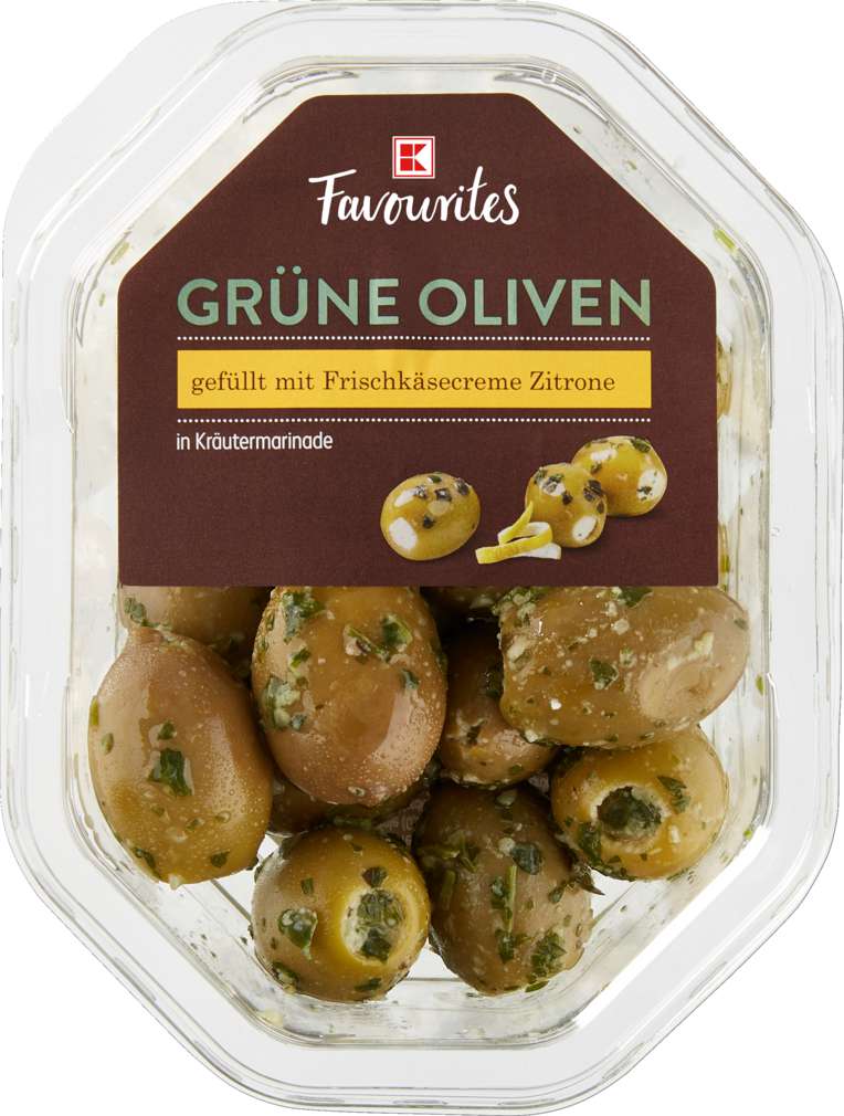 Abbildung des Sortimentsartikels K-Favourites Grüne Oliven mit Zitr.frischkäse 150g
