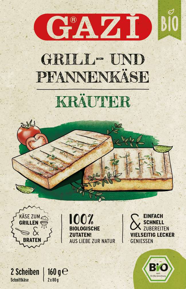 Abbildung des Sortimentsartikels Gazi Bio Grill-und Pfannenkäse Kräuter 43% Fett  2x80g