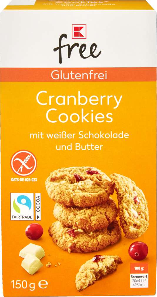 Abbildung des Sortimentsartikels K-Free Glutenfrei Cranberry Cookies, weiße Schokolade 150g