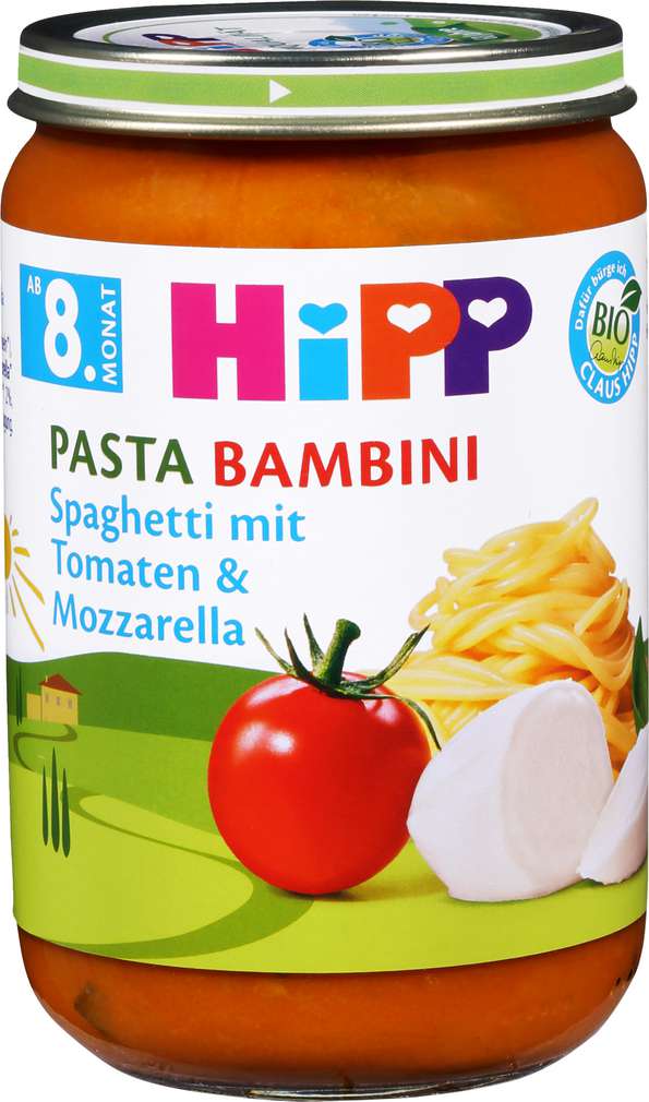 Abbildung des Sortimentsartikels Hipp Pasta Bambini Spaghetti mit Tomaten & Mozzarella 220g